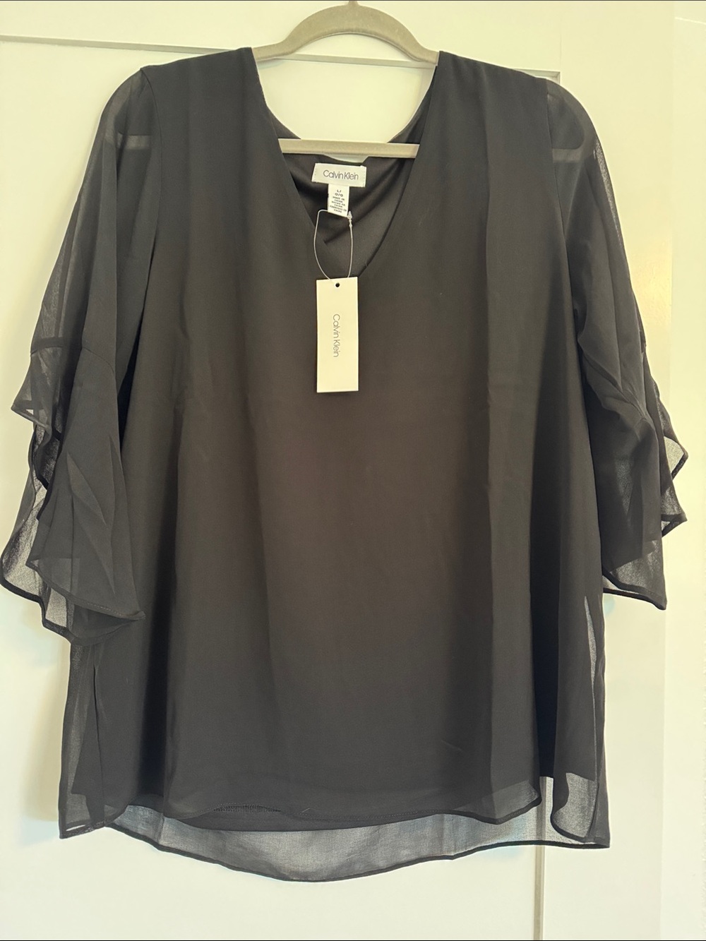 Calvin Klein Black Sheer Ruffle-Sleeve Blouse
